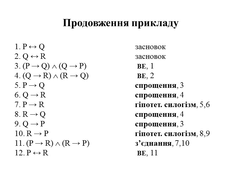 Продовження прикладу  1. P ↔ Q     засновок 2. Q